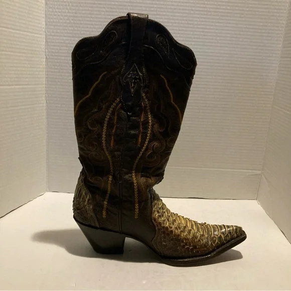 Women’s Brown Leather With Tan Python And Embroidery Pull On Cowboy Boots SZ 8.5 - Picture 5 of 11